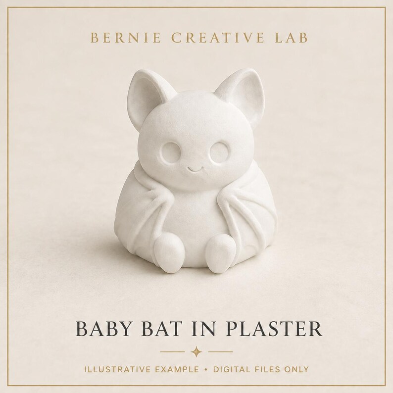 Puede incluir: Una figura blanca de acabado mate de un beb&eacute; murci&eacute;lago con orejas grandes, ojos redondos y alas plegadas. El texto "BERNIE CREATIVE LAB" aparece en la parte superior, y "BABY BAT IN PLASTER" est&aacute; impreso debajo de la figura, seguido de "ILLUSTRATIVE EXAMPLE &bull; DIGITAL FILES ONLY".