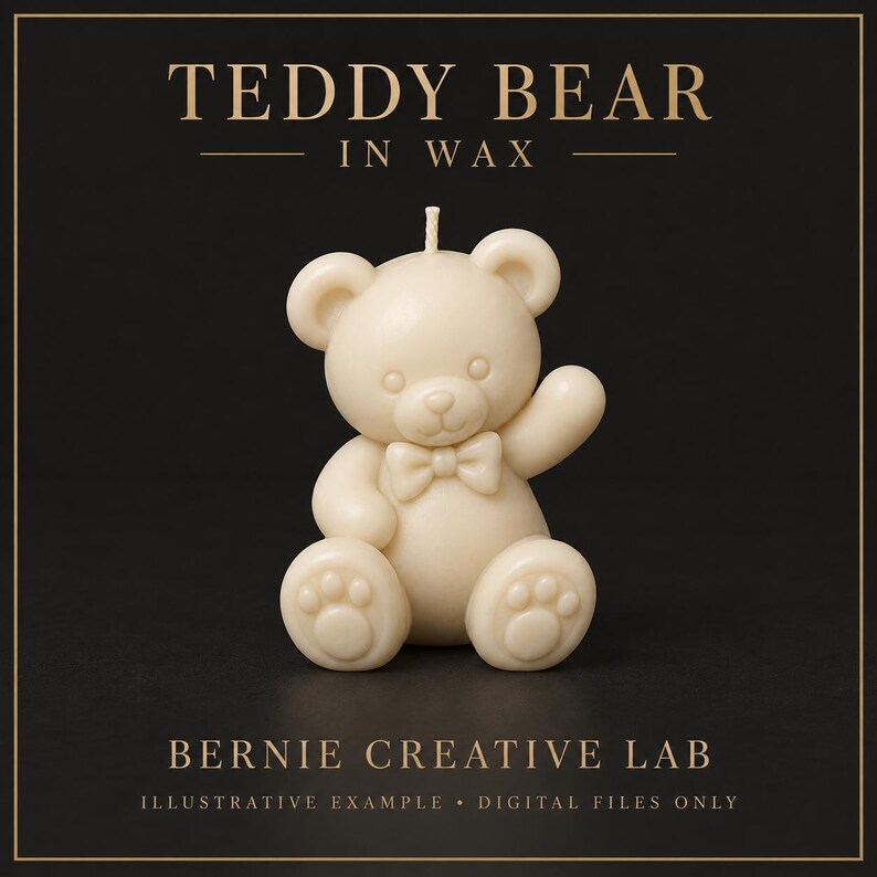 May include: A cream-colored teddy bear candle with a small bow tie, featuring a single wick on top. The text TEDDY BEAR IN WAX appears above the bear, and BERNIE CREATIVE LAB ILLUSTRATIVE EXAMPLE DIGITAL FILES ONLY is printed below the bear.