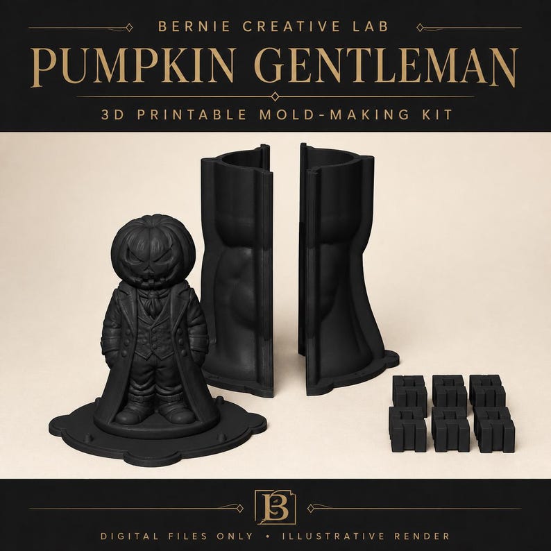 May include: A black 3D printable mold-making kit titled Pumpkin Gentleman by Bernie Creative Lab. The kit includes a figurine of a pumpkin-headed character in a coat, two large vertical mold halves, and nine small square connector pieces.