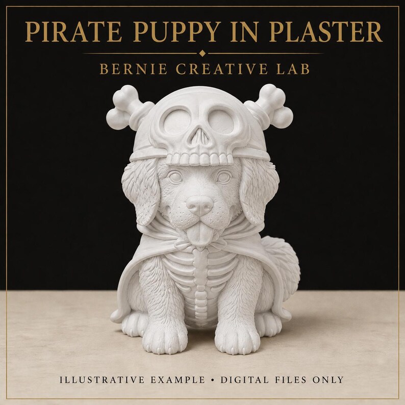 Op de afbeelding: Een wit gipsachtig beeldje van een puppy met een piratenhoed met schedel en gekruiste beenderen en een cape met skeletpatroon. De tekst PIRATE PUPPY IN PLASTER, BERNIE CREATIVE LAB en ILLUSTRATIVE EXAMPLE DIGITAL FILES ONLY is zichtbaar.