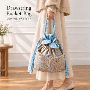 Cartamodello PDF per borsa a secchiello con coulisse, borsa da spa trapuntata, organizer per cosmetici, trousse per il trucco, borsa portaoggetti in tessuto con tasche