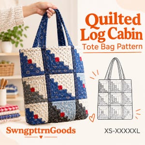 Può includere: Una borsa tote trapuntata con motivo log cabin in tonalità blu, crema e nero con piccole stampe floreali e quadrati rossi centrali. Il testo riporta Quilted Log Cabin Tote Bag Pattern, SwngpttrnGoods e XS-XXXXXL.