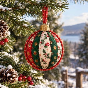 May include: A spherical fabric Christmas ornament featuring alternating vertical panels of dark green and cream fabric with holly, berry, and gold star patterns. The ornament has a gold cap and a red fabric ribbon loop for hanging on a tree branch.