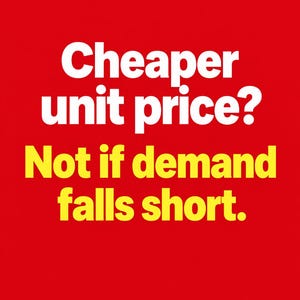 Könnte beinhalten: Ein leuchtend rotes Grafikschild mit weißem Text, der "Cheaper unit price?" lautet, gefolgt von gelbem Text, der "Not if demand falls short." lautet. Die Typografie ist fett, serifenlos und auf dem einfarbigen roten Hintergrund zentriert.