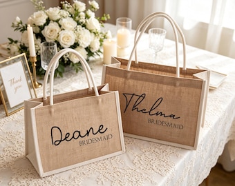 Gepersonaliseerde tas met naam, tas voor bruidsmeisjes, cadeau voor bruidsmeisjes, cadeau voor leraren, schoudertas van jute