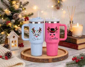 Bicchiere termico da 1,2 litri (40 oz) personalizzato con nome, tazza da viaggio isolata in acciaio inossidabile con manico e cannuccia, tazza natalizia personalizzata, regalo di Natale per gli amanti del caffè