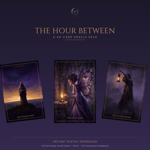 May include: The Hour Between 44-card oracle deck featuring three illustrated cards: The Hour Between, The Moth Queen, and The Lantern-Bearer. The cards display dark, atmospheric fantasy artwork in shades of purple, gold, and deep blue.