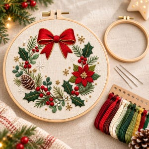 Könnte beinhalten: Ein runder Stickrahmen aus Holz mit einem Stoffeinsatz, der einen gestickten Weihnachtskranz mit roter Schleife, Weihnachtsstern, Stechpalmenblättern, Beeren und einem Tannenzapfen zeigt. Enthält einen leeren Rahmen, drei Nadeln und Stickgarn.