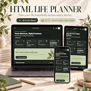 May include: A digital HTML life planner displayed on a laptop, tablet, and smartphone screen. The interface features a dark green theme with light green accents, showing task lists, habit trackers, and goal progress. Text includes HTML LIFE PLANNER, Good afternoon, Digital business, and Start with what needs you.