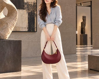 Burgundy Crescent Shoulder Bag, Women's Half Moon Hobo Purse, Minimalist Everyday Handbag, Elegant Adjustable Strap Bag