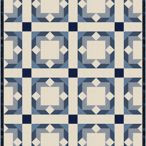 May include: A quilt featuring a repeating geometric block pattern in shades of navy blue, light blue, and cream. The design consists of square blocks with central cream squares surrounded by blue angular shapes and small dark blue corner squares.