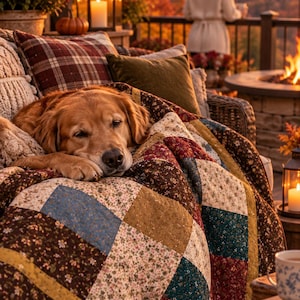 May include: A golden retriever dog resting on a patchwork quilt featuring a variety of floral and solid fabric squares in shades of brown, blue, green, and cream. The quilt is draped over a wicker chair, with a plaid pillow and a solid olive pillow.
