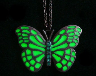 Green Butterfly Necklace Glow In The Dark Necklace Antique Bronze