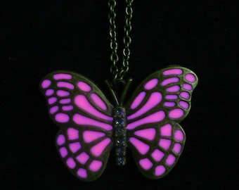 Pink Butterfly Necklace Glow In The Dark Necklace Pendant Antique Bronze