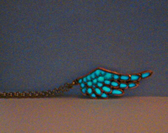 Glow In The Dark Angel Wing Necklace Silver - glows aqua