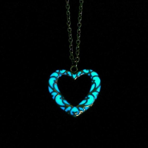 Glow in the Dark Necklace Aqua Heart Glowing Necklace 