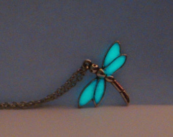 Glow In The Dark Dragonfly Necklace Silver - glows aqua