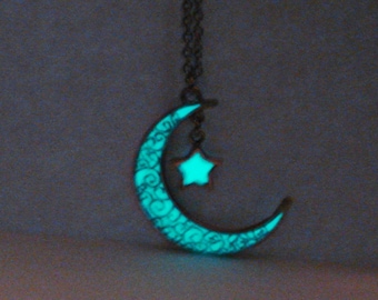 Glow In The Dark Moon And Star Necklace Silver - glows aqua