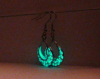 Glow In The Dark Crescent Moon Earrings Silver - glows aqua