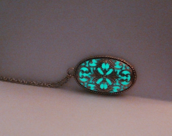 Carved Oval Necklace Glow In The Dark Antique Silver (glows aqua)