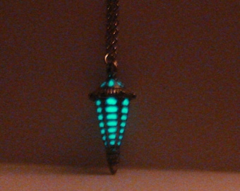 Lantern Necklace Glow In The Dark Necklace Pendant Antique Silver (glows aqua)