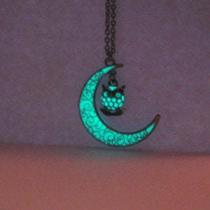 Glow in The Dark Moon And Owl Necklace Silver - glows aqua