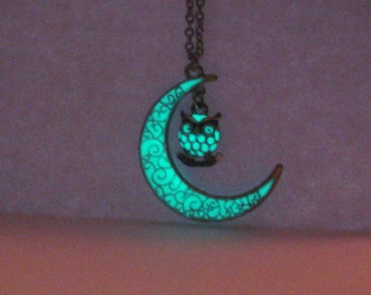 Glow in The Dark Moon And Owl Necklace Silver - glows aqua