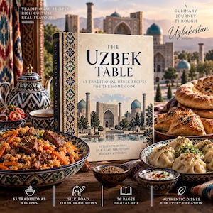 Peut inclure: Un livre de cuisine intitulé The Uzbek Table: 63 Traditional Uzbek Recipes for the Home Cook. La couverture présente une illustration d'un bâtiment historique aux dômes bleus. Le livre est entouré de bols de riz, de raviolis et d'une théière.