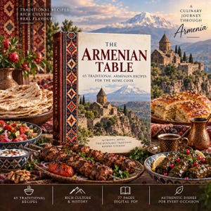 May include: A cookbook titled The Armenian Table featuring 65 traditional recipes, displayed with plates of grilled meat skewers, stuffed grape leaves, flatbread, and a salad, set against a backdrop of an Armenian monastery and mountain landscape.