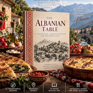 Può includere: Un libro di cucina con copertina rigida intitolato The Albanian Table con una copertina color crema che presenta un'illustrazione in bianco e nero di un ponte in pietra e un villaggio, bordi decorativi rossi e testo su 61 ricette tradizionali.