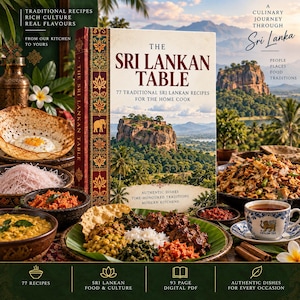 Może przedstawiać: Książka kucharska zatytułowana The Sri Lankan Table zawierająca 77 tradycyjnych przepisów, prezentowana obok różnych dań lankijskich, ryżu, curry i filiżanki herbaty. Okładka przedstawia skalną twierdzę Sigiriya na Sri Lance.