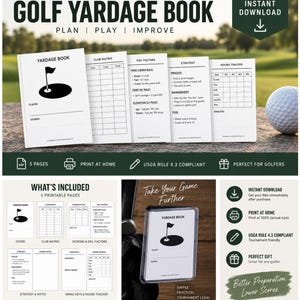 Könnte beinhalten: Ein druckbares Golf-Yardage-Buch-Set mit fünf Seiten, darunter ein Deckblatt, eine Club-Matrix, Umweltfaktoren, ein Strategieleitfaden und ein Runden-Tracker. Die weißen Seiten enthalten schwarzen Text und Grafiken, einschließlich eines Golffahnen-Symbols und Hinweisen zur USGA-Regel 4.3-Konformität. Das Design ist als digitaler Download zum Ausdrucken verfügbar.