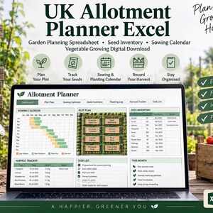 May include: A laptop displaying a UK Allotment Planner Excel spreadsheet with tabs for a sowing calendar, plot plan, seed inventory, and harvest tracker. The screen shows data tables and charts for garden management, with text including Plan, Grow, Harvest, Enjoy.