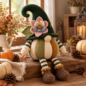 May include: A crochet gnome figure featuring a tall, dark green pointed hat adorned with a large, multi-layered pink and blue flower. The body is a round, segmented pumpkin shape in shades of cream, olive green, and brown, with striped legs and brown boots.