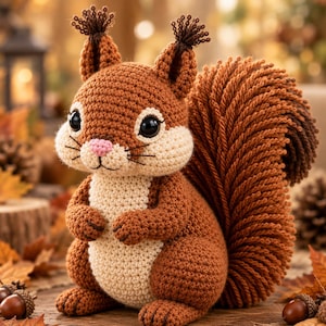 May include: A brown and cream crochet squirrel plush toy featuring a large, textured bushy tail, dark plastic eyes, a small pink stitched nose, and tufted ears. The squirrel is crafted with detailed yarn stitching throughout its body.