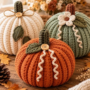 Puede incluir: Tres calabazas decorativas hechas de tejido de punto acanalado en color crema, verde salvia y naranja quemado. Cada calabaza presenta un tallo de ganchillo, hojas verdes y detalles decorativos que incluyen botones de madera, zarcillos crema y una flor.