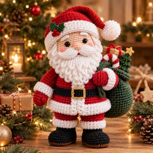 Könnte beinhalten: Eine gehäkelte Weihnachtsmann-Puppe in einem roten Anzug mit weißem Besatz, einem schwarzen Gürtel mit goldener Schnalle und schwarzen Stiefeln. Die Figur hat einen weißen Bart, eine rote Mütze mit weißem Bommel und trägt einen grünen Sack mit Baum und Zuckerstange.