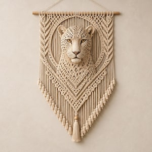 May include: A cream-coloured macrame wall hanging featuring a three-dimensional leopard head at the centre. The piece is suspended from a wooden dowel and showcases intricate knotted patterns, a pointed bottom edge, and numerous small tassels.