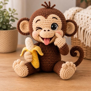 Pode incluir: Um brinquedo de macaco feito em crochê em tons de castanho escuro e claro com rosto creme, bochechas rosadas e um olho preto grande. O macaco está a piscar o olho, com a língua de fora e segura uma pequena banana amarela de crochê.