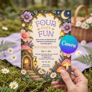 Pode incluir: Um convite de aniversário retangular com tema de jardim de conto de fadas, flores roxas e rosas, luzes brilhantes, uma lua crescente e uma casa de cogumelo. O texto diz Four ever fun, 4th birthday e detalhes do evento.