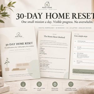 以下が含まれることがあります： 30-Day Home Resetデジタルダウンロードガイド。タイトルページ、「The Home Reset Method」ページ、「Four simple steps」ページで構成されています。白い紙に黒い文字とセージグリーンのアクセントが印刷されており、A4サイズに対応しています。