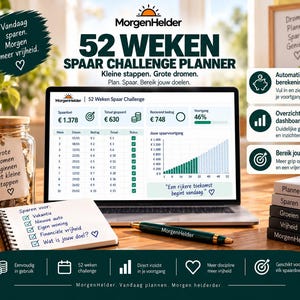 Op de afbeelding: Een 52 weken spaar challenge planner op een laptopscherm met een voortgangsdashboard, spaartabel en grafiek. Naast de laptop staan een glazen pot met munten, een notitieblok met een checklist en een donkergroene pen op een houten ondergrond.
