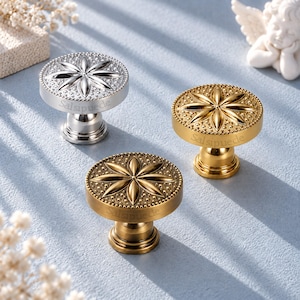 Starfish Cabinet Knob, Brass Drawer Pull, French Vintage Hardware, Gold Silver Single Hole Furniture Knob, Dresser Handle