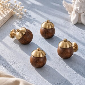 Walnut Cabinet Knob, Brass Acorn Drawer Pull, Mid Century Furniture Hardware, Vintage Wardrobe Handle, Single Hole Wooden Knob
