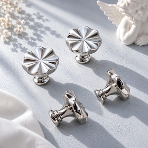 Flower Cabinet Knobs, Silver Drawer Pulls, French Vintage Hardware, Minimalist Furniture Handles, Unique Kitchen Cabinet Decor