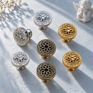 Kaleidoscope Cabinet Knob, French Vintage Drawer Pull, Gold Silver Brass Furniture Hardware, Single Hole Dresser Knob