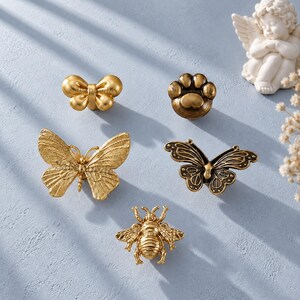 Brass Animal Cabinet Knobs, Cat Paw Butterfly Bee Drawer Pulls, French Cute Furniture Hardware, Kids Room Wardrobe Handles