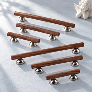 Walnut Wood Cabinet Handle, Silver Drawer Pull, Mid Century Modern Furniture Hardware, Vintage Wardrobe Door Handle