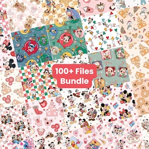 Peut inclure: Un ensemble de motifs numériques comprenant plus de 100 fichiers avec diverses illustrations de personnages Disney, dont Mickey, Minnie et Stitch, sur des fonds de vacances festifs avec des pains d'épices, des boules et des sucres d'orge.