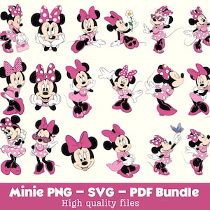 Può includere: Una collezione di illustrazioni di Minnie Mouse in varie pose, che indossa un vestito rosa a pois e un fiocco abbinato. Il testo in basso recita Minie PNG - SVG - PDF Bundle High quality files.